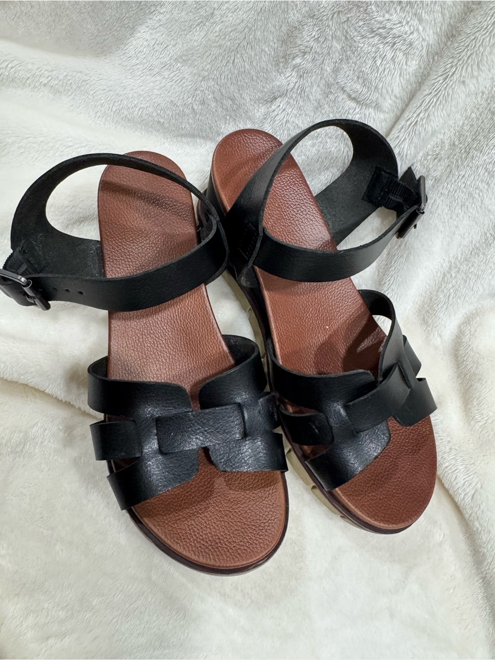 MIA Black Leather Wedge Sandals with Brown Footbed